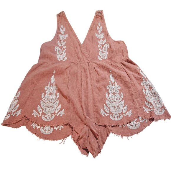 Free People Boho Style Embroidered Romper With Lace Straps In Rust & White Wome - Picture 2 of 11